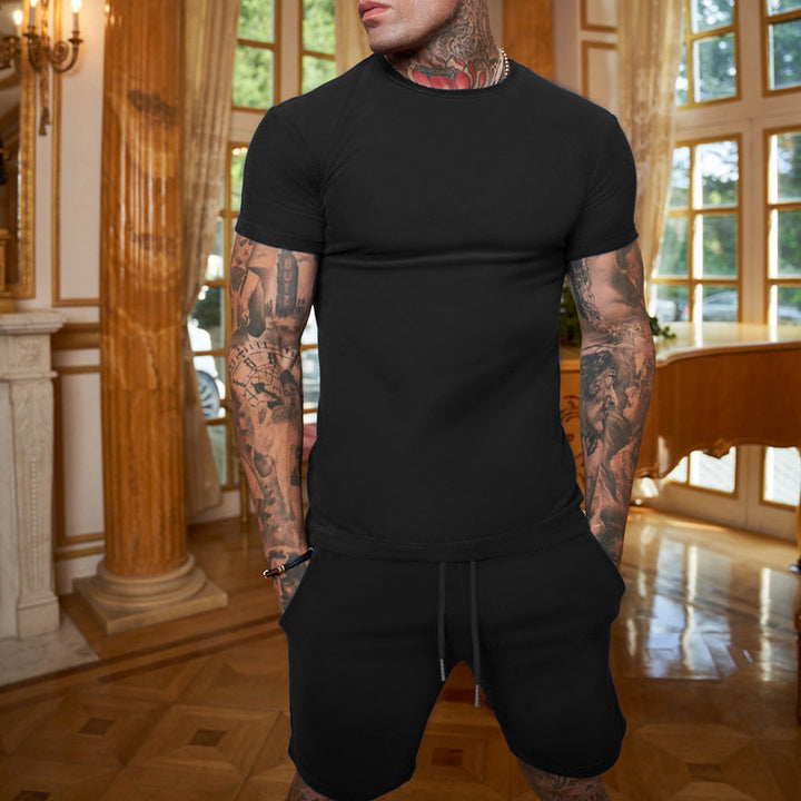 Herren nan schlankes Jersey-Set mit Rundhalsshirt und elastischer Tunnelzug-Shorts Drune