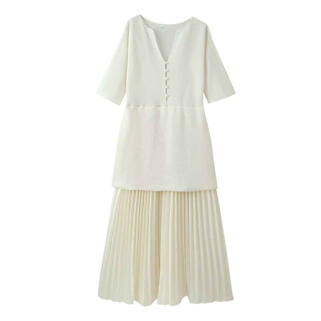 Damen elegantes Maxikleid mit plissierten Details und V-Ausschnitt Drune