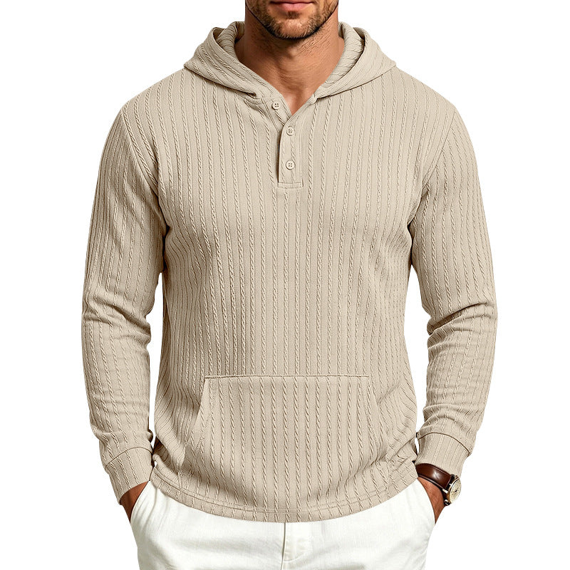 Herren Kapuzen-Henley-Pullover mit Zopfstruktur, Kängurutasche und Rippbündchen Drune