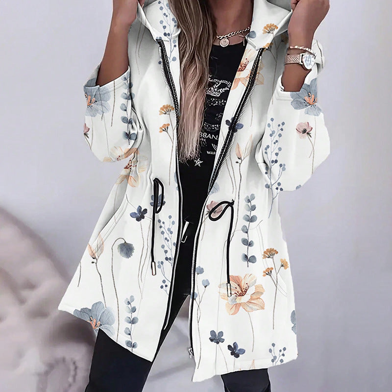 Damen Modische Parka mit floralen Akzenten und verstellbarem Bund Drune