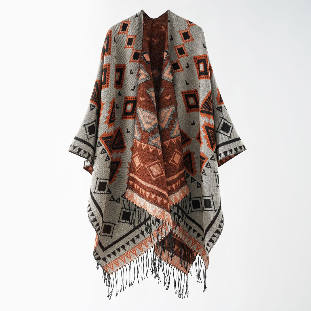 Damen Weichfallender Jacquard-Umhang im Ruana-Stil mit Fransen Drune