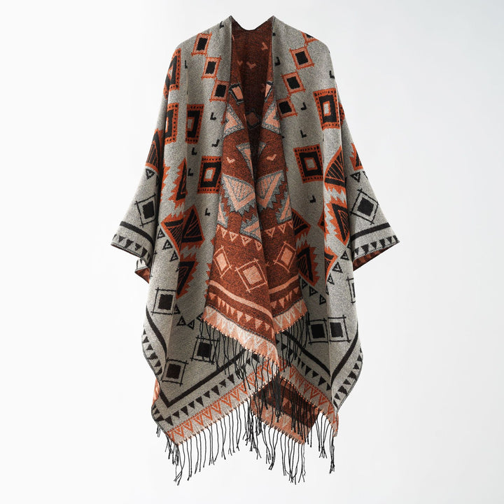 Damen Weichfallender Jacquard-Umhang im Ruana-Stil mit Fransen Drune