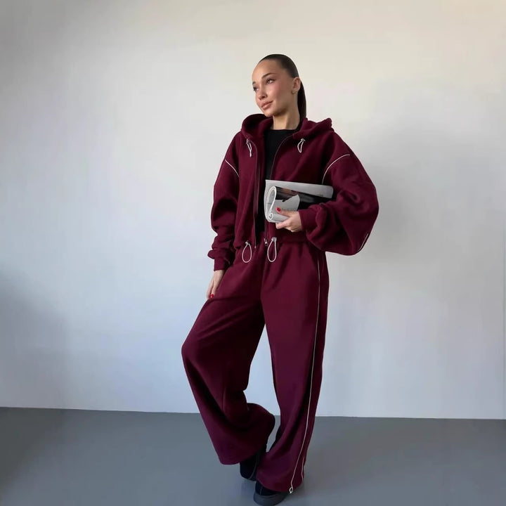 Damen gekürztes Zip-Hoodie mit Tunnelzug und hochgeschnittener weiter Fleece-Loungehose Drune