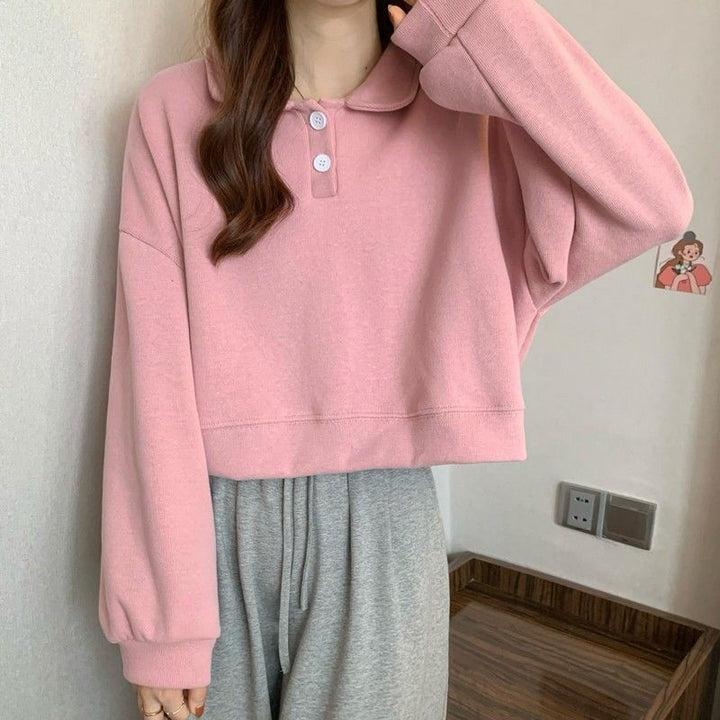 Damen Kurzarm Sweatshirt mit modischem Kragen und dekorativen Knöpfen Drune