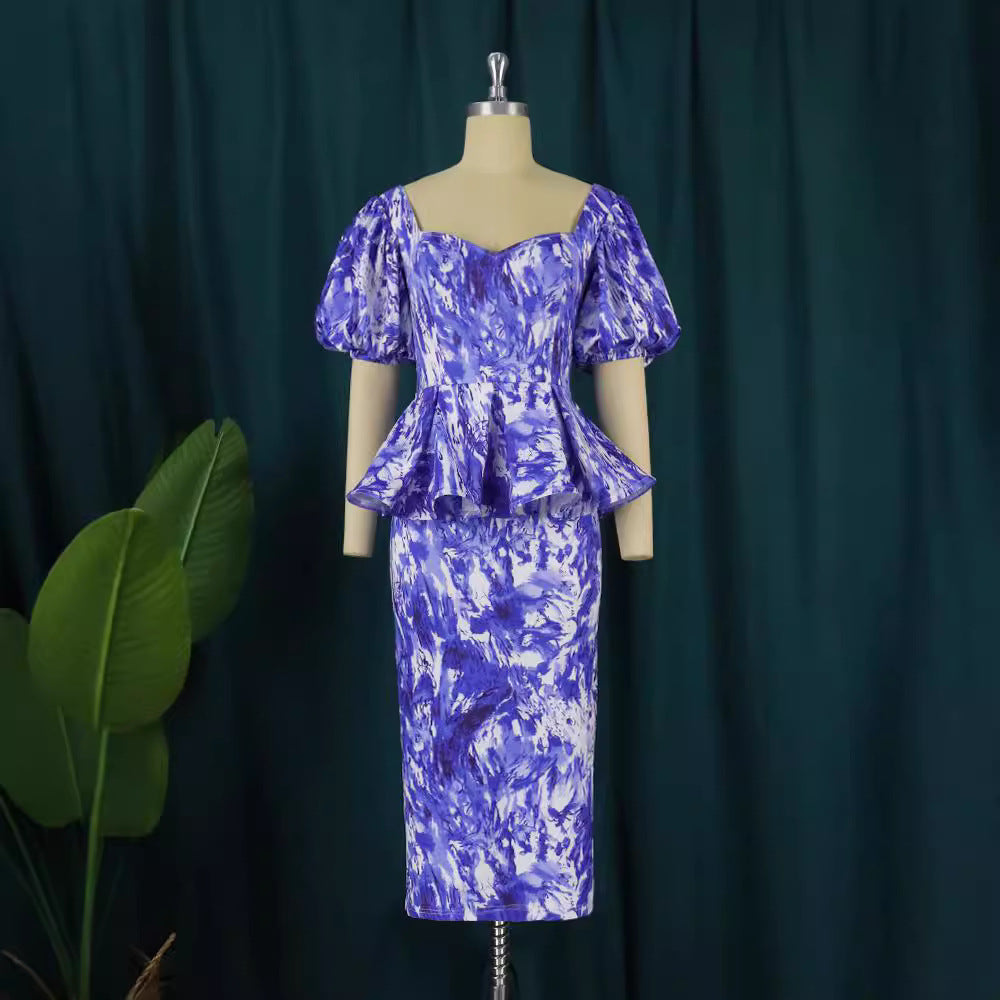 Damen elegantes Midikleid mit Puffärmeln und raffinierter Taille Drune