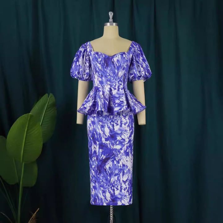 Damen elegantes Midikleid mit Puffärmeln und raffinierter Taille Drune