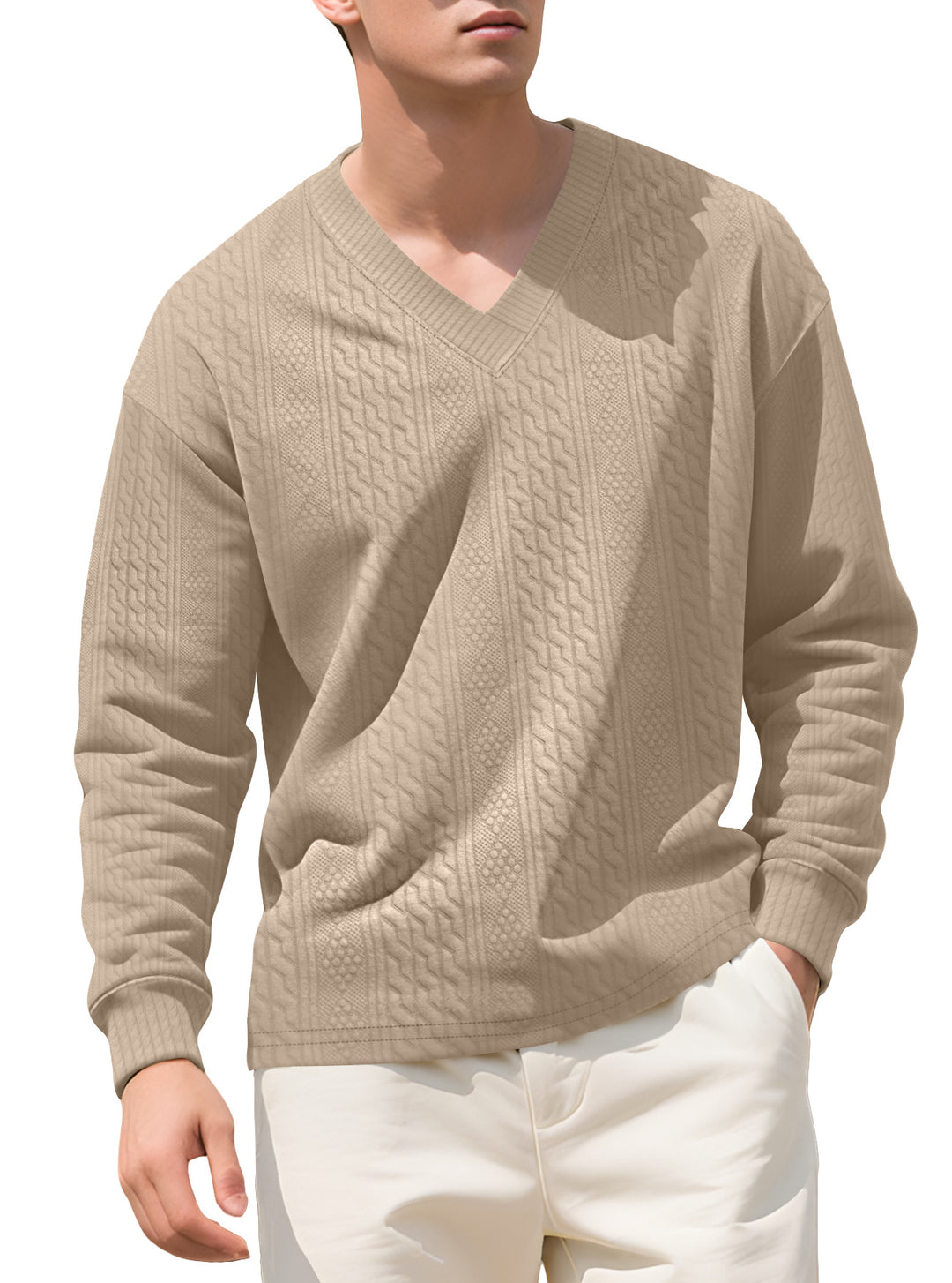 Herren nan strukturierter V-Ausschnitt Strickpullover mit Kabel- und Wabenmuster Drune