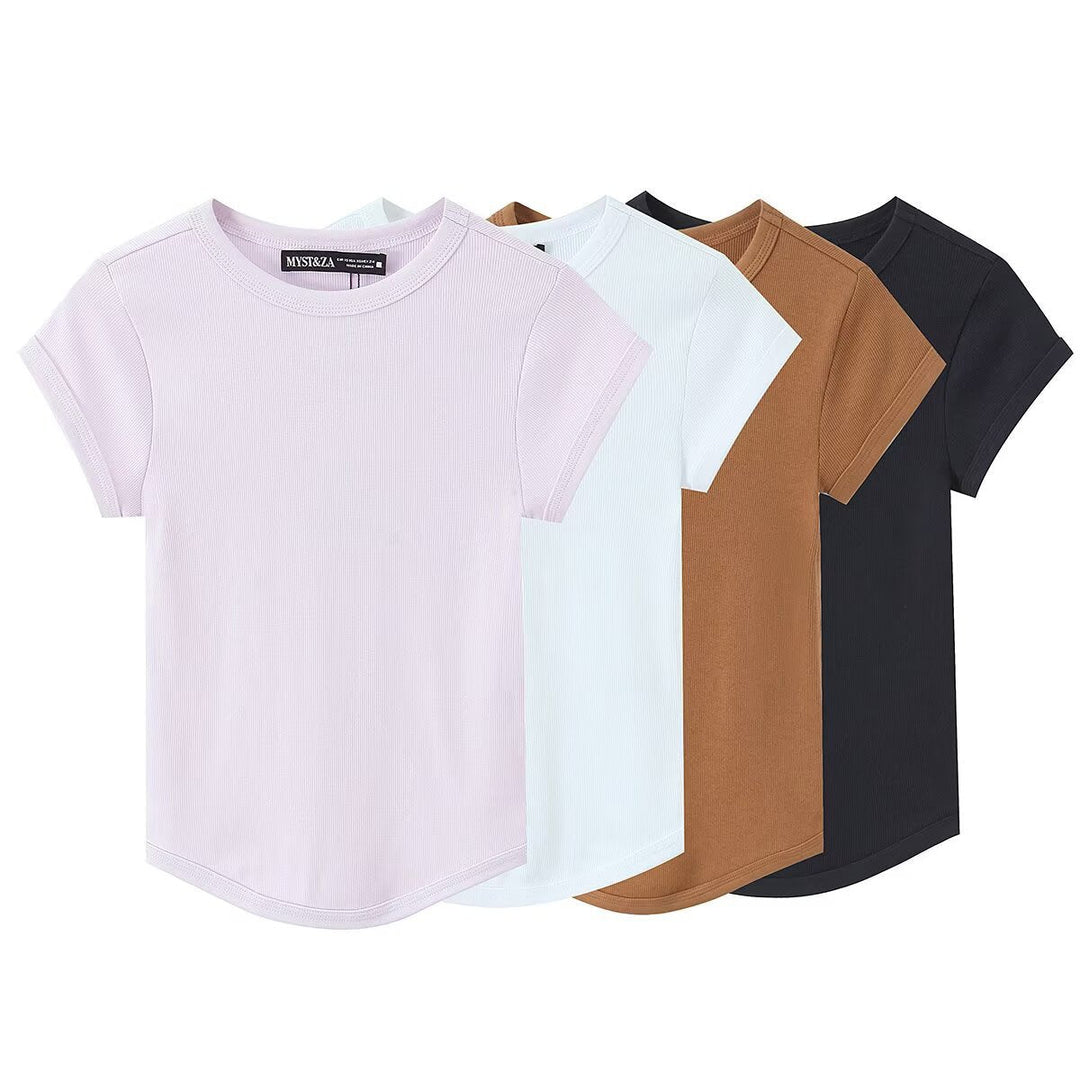 Damen hochwertiges, figurbetontes Basic-T-Shirt mit feiner Rippstruktur Drune