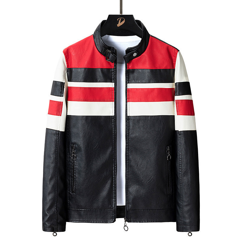 Herren Retro‑Racer Kunstlederblouson mit Stehkragen, kontrastierenden Streifen und Zwei‑Wege‑Reißverschluss Drune
