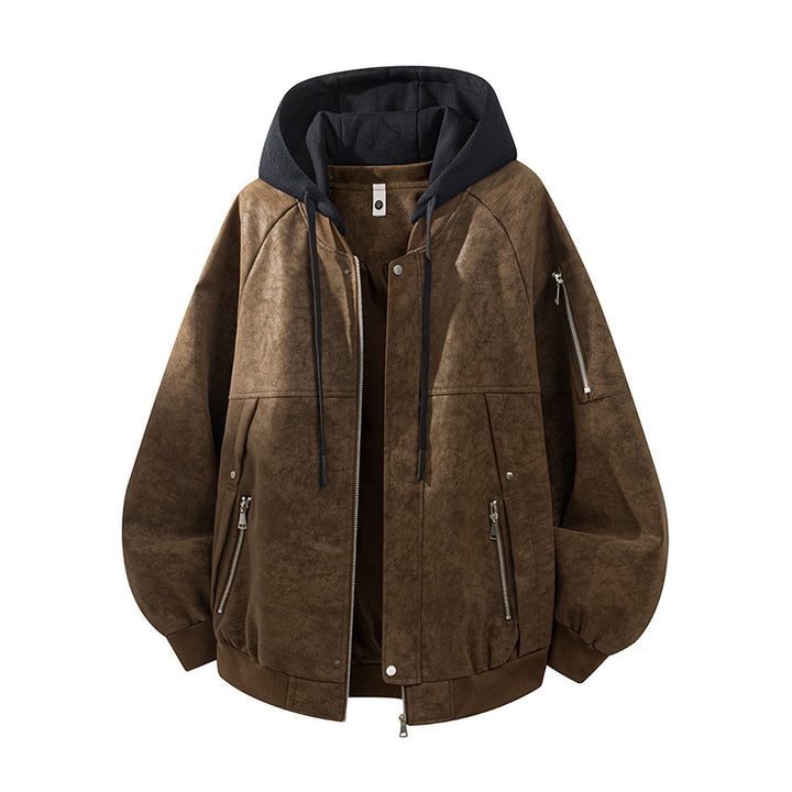 Herren Oversize-Kunstvelours-Kapuzen-Bomberjacke mit Ärmeltasche und Thermofutter Drune