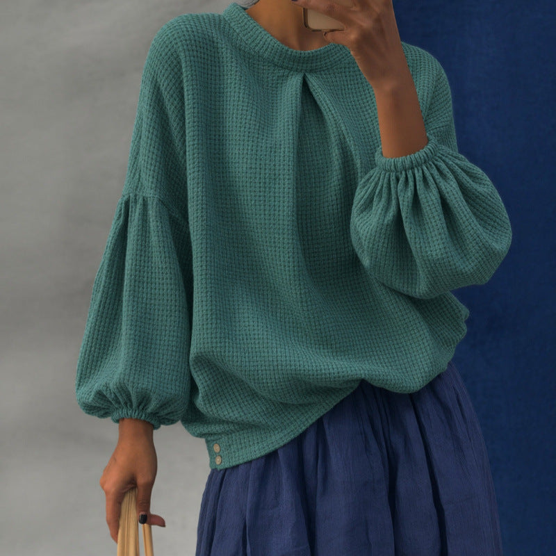 Damen Oversize Waffelstrickpullover mit Ballonärmeln und Kellerfalte Drune