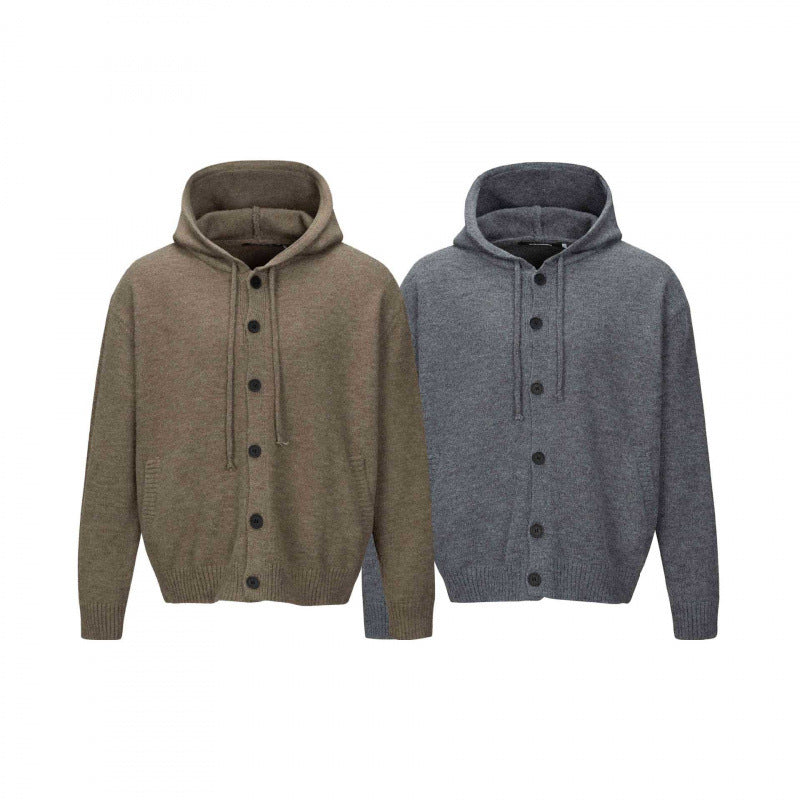 Unisex Grobgestrickter Kapuzencardigan mit durchgehender Knopfleiste und Rippbündchen Drune