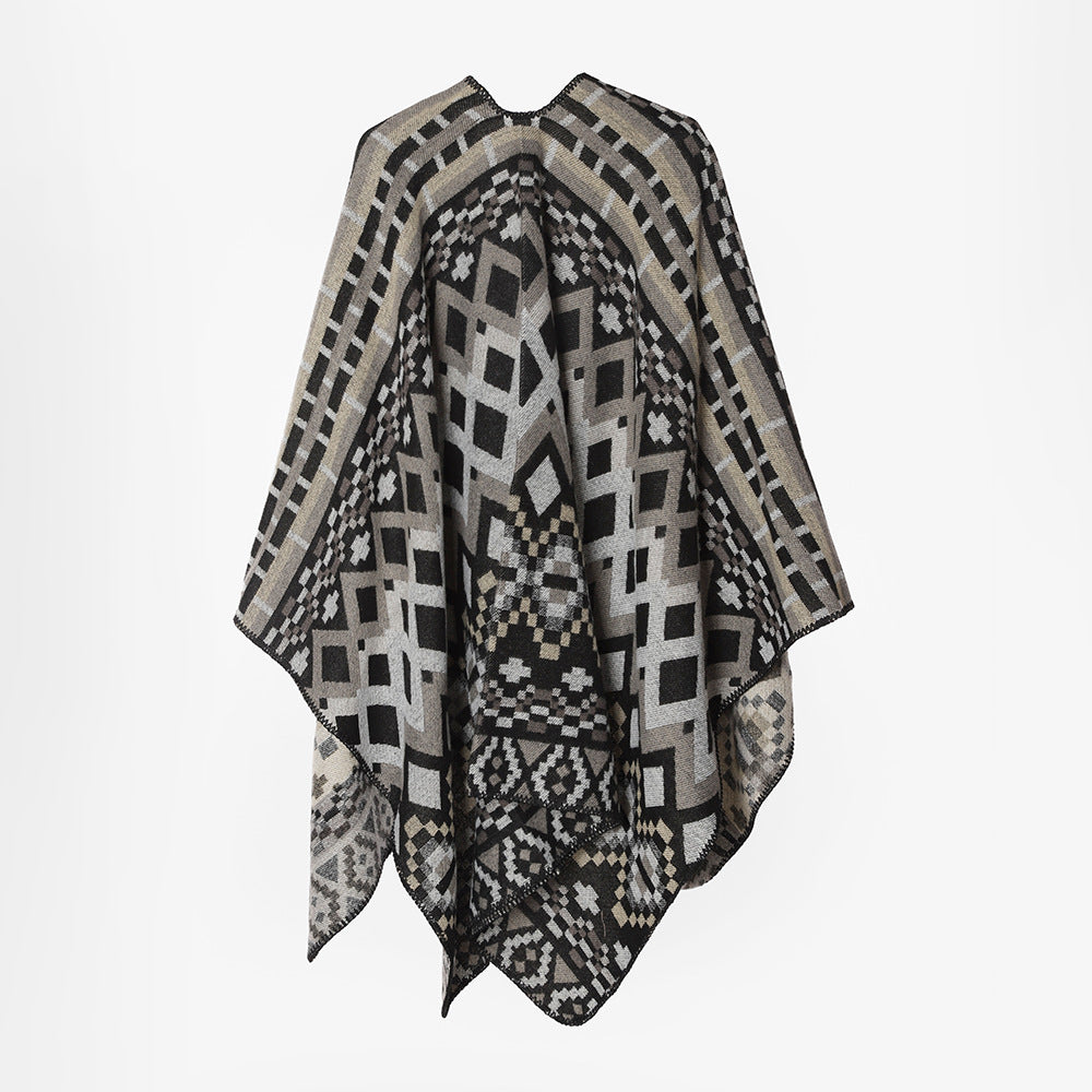 Damen Geometrischer Jacquard‑Capeponcho mit Oversize‑Fall und asymmetrischem Zipfelrand Drune