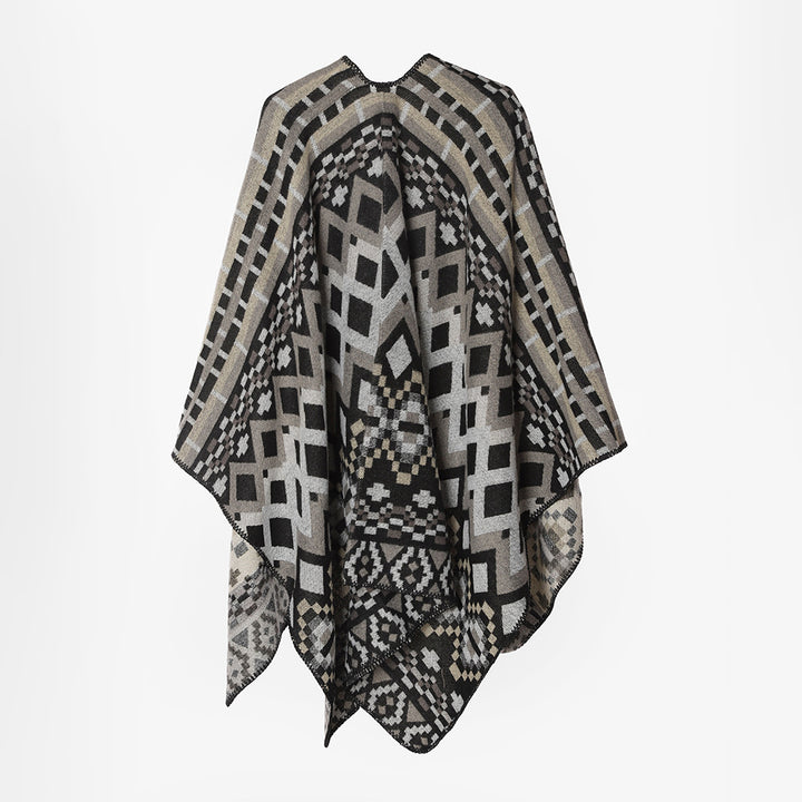 Damen Geometrischer Jacquard‑Capeponcho mit Oversize‑Fall und asymmetrischem Zipfelrand Drune