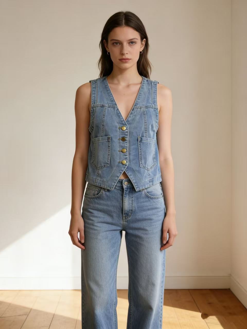 Damen lässige Denim-Weste mit Knopfdetails und aufgesetzten Taschen Drune
