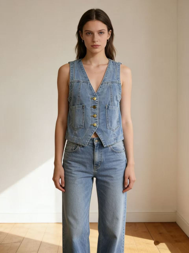 Damen lässige Denim-Weste mit Knopfdetails und aufgesetzten Taschen Drune