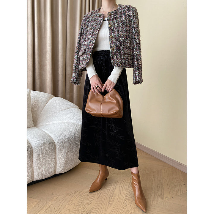 Damen eleganter Boucle-Jacke mit strukturiertem Stoff und Symbolknöpfen Drune