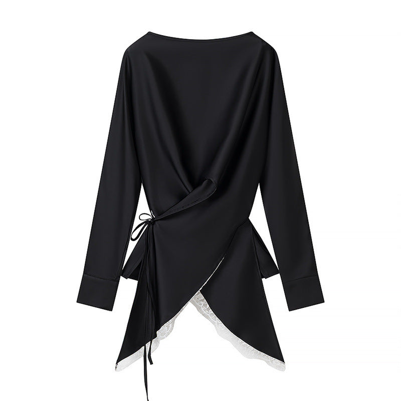Damen Zweiteiliges Satin-Set mit Wickelbluse, Spitzenbesatz und A‑Linien Maxirock Drune