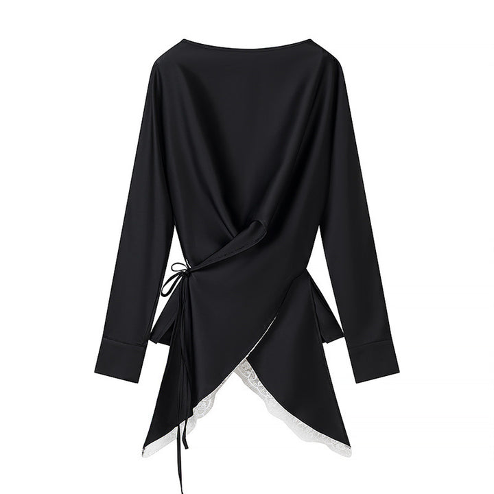 Damen Zweiteiliges Satin-Set mit Wickelbluse, Spitzenbesatz und A‑Linien Maxirock Drune
