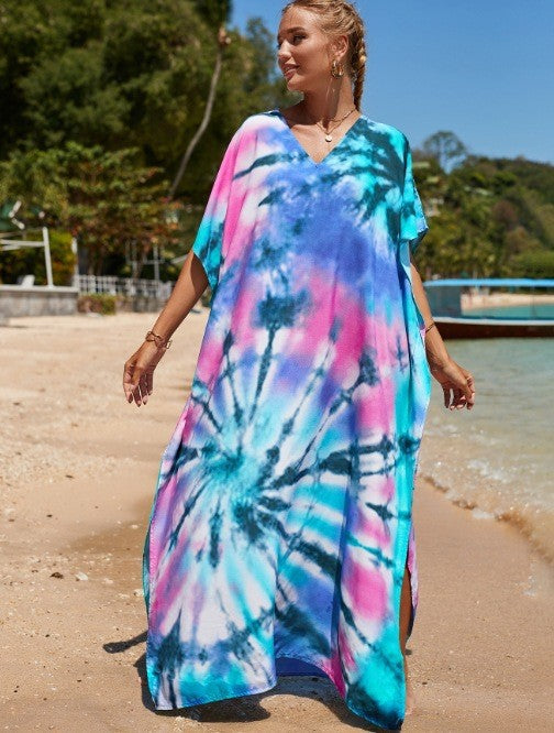 Damen Strandkleid mit buntem Batikdesign und weit geschnittenen Ärmeln Drune