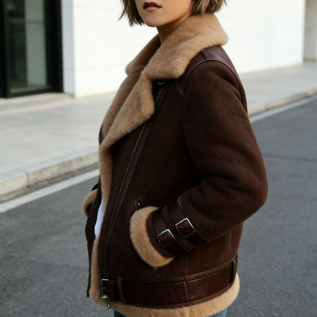 Damen Kurze Fliegerjacke mit Teddyfutter, weichem Lammfellkragen und Reißverschluss Drune