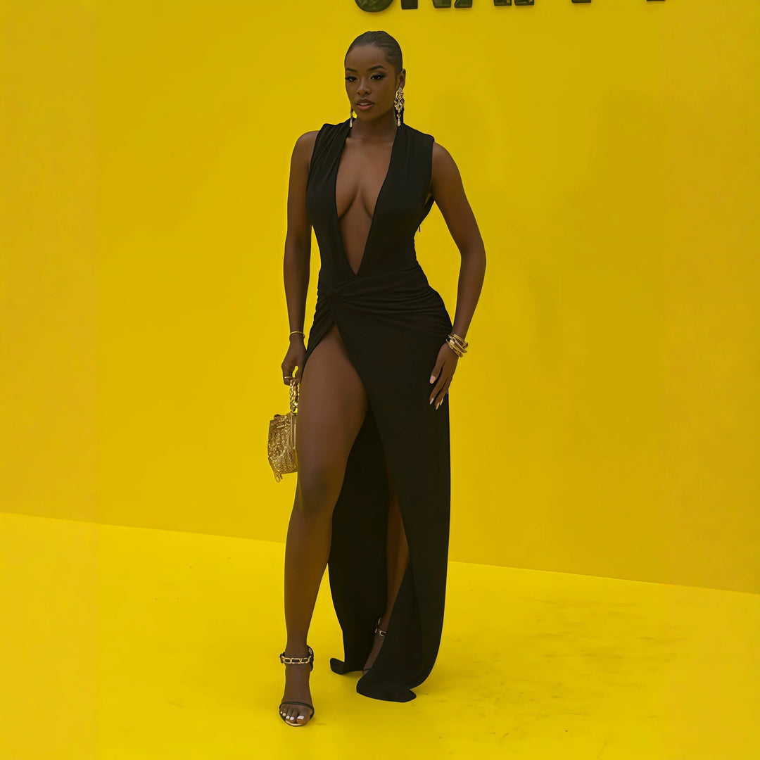 Damen elegantes langes Kleid mit tiefem V-Ausschnitt und raffinierter Raffung Drune