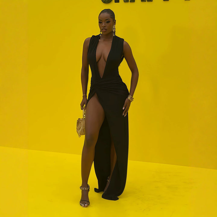 Damen elegantes langes Kleid mit tiefem V-Ausschnitt und raffinierter Raffung Drune
