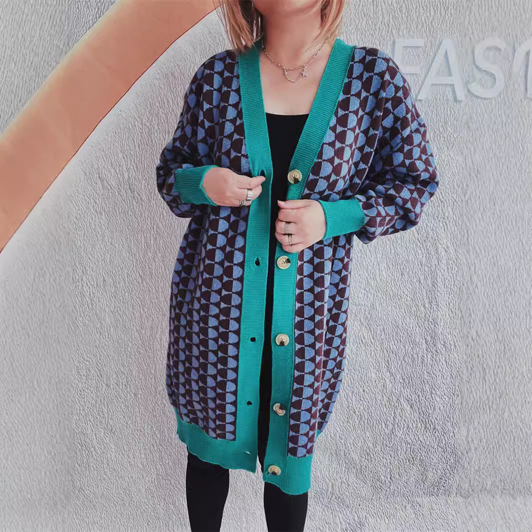 Damen lässiger Strickcardigan mit modernem geometrischem Muster und praktischen Taschen Drune