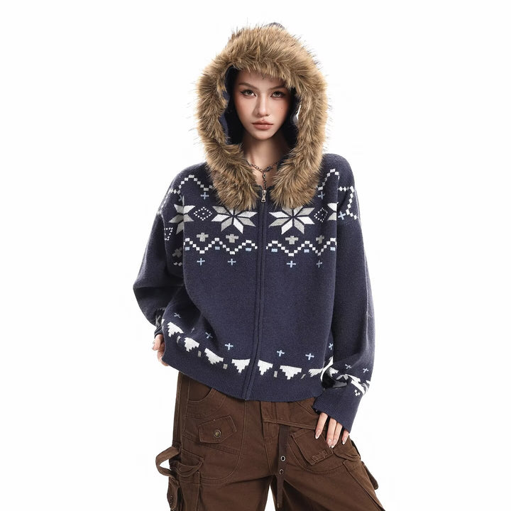 Damen Kapuzensweatjacke mit Kunstfell Kragen und Norweger-Muster Drune
