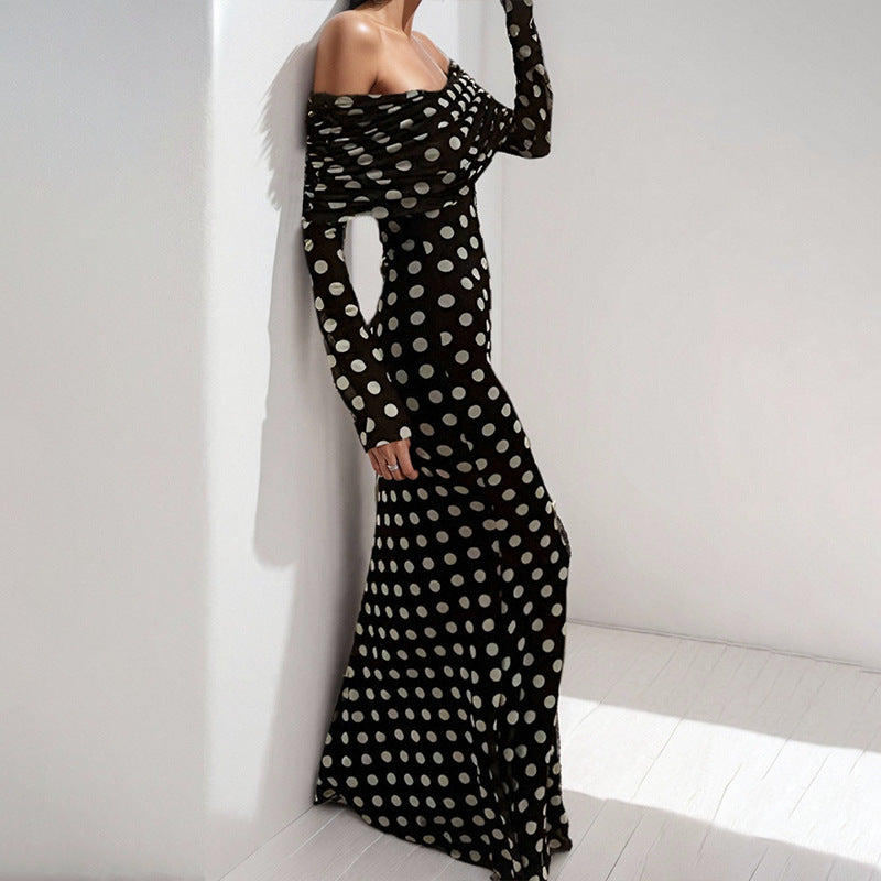 Damen Elegantes Maxikleid mit off-shoulder Design und modischem Polka-Dot-Muster Drune