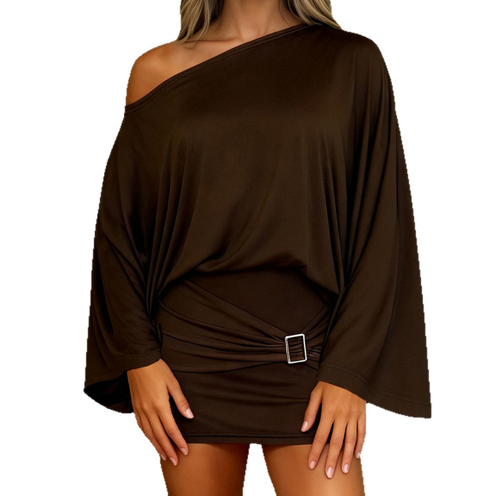 Damen Asymmetrisches Drapiertes One-Shoulder-Top mit Wasserfallärmeln und Taillengürtel Drune