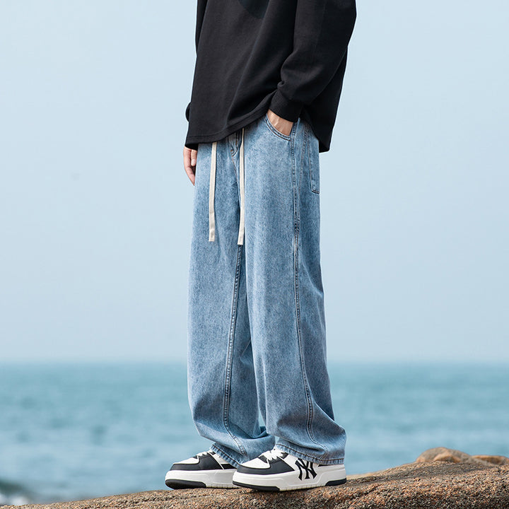 Herren Weite Vintage‑Washed Baggy-Jeans im Joggerstil mit Tunnelzugbund und geripptem Knöchelabschluss Drune