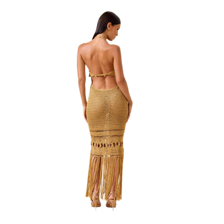 Damen Häkel-Strandkleid mit tiefem V-Ausschnitt und kreativem Cut-Out Drune