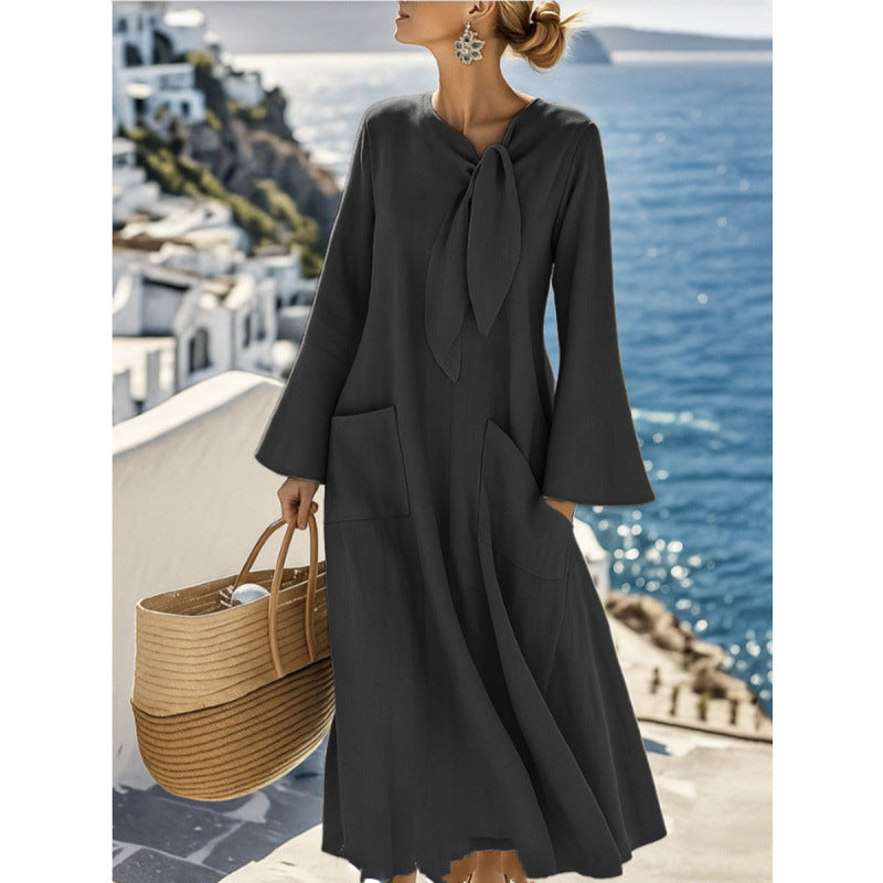 Damen Leichtes Maxikleid mit Bindeschleife, Glockenärmeln und aufgesetzten Taschen Drune