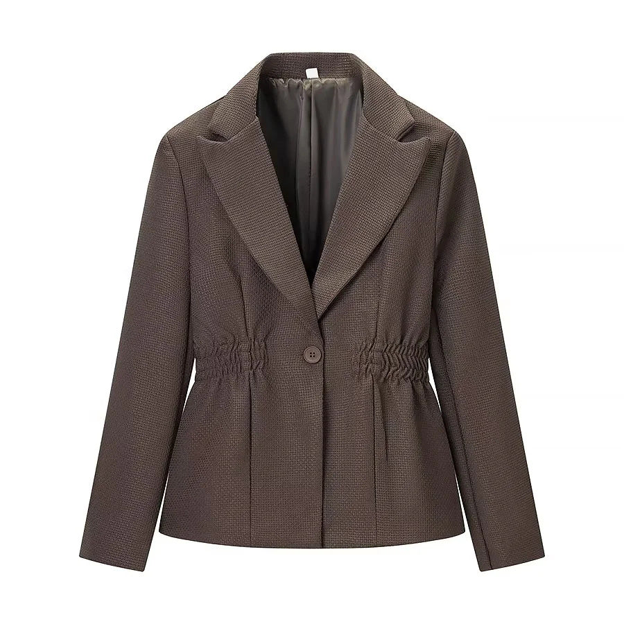 Damen nan taillierter Reversblazer mit elastischem Taillenzug, einreihiger Knopfleiste und stepptem Strukturstoff Drune