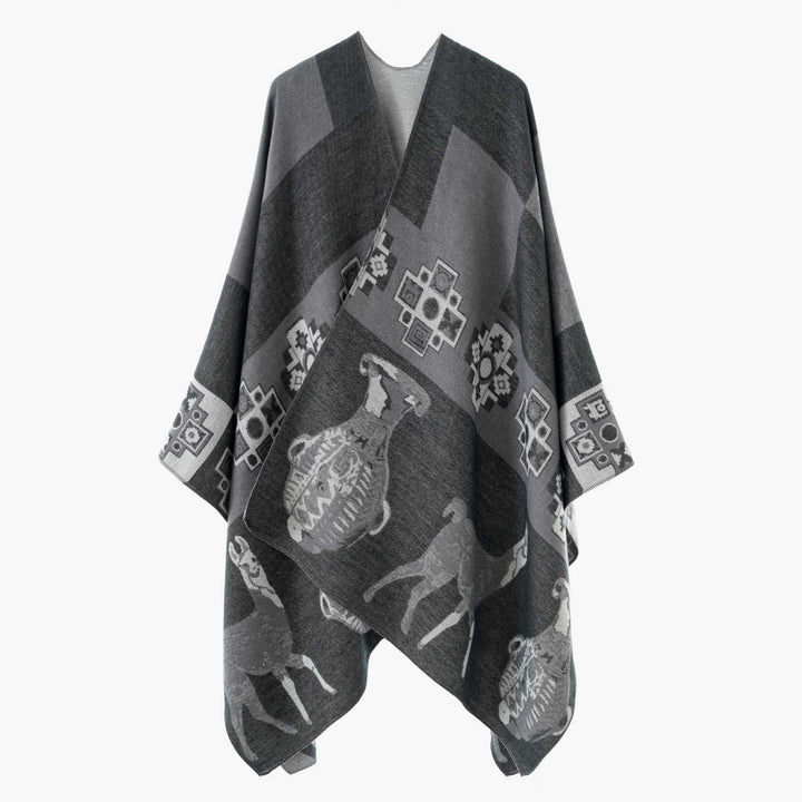 Damen Cape-Überwurf aus Jacquard-Strick mit Tier- und Ethno-Motiv Drune