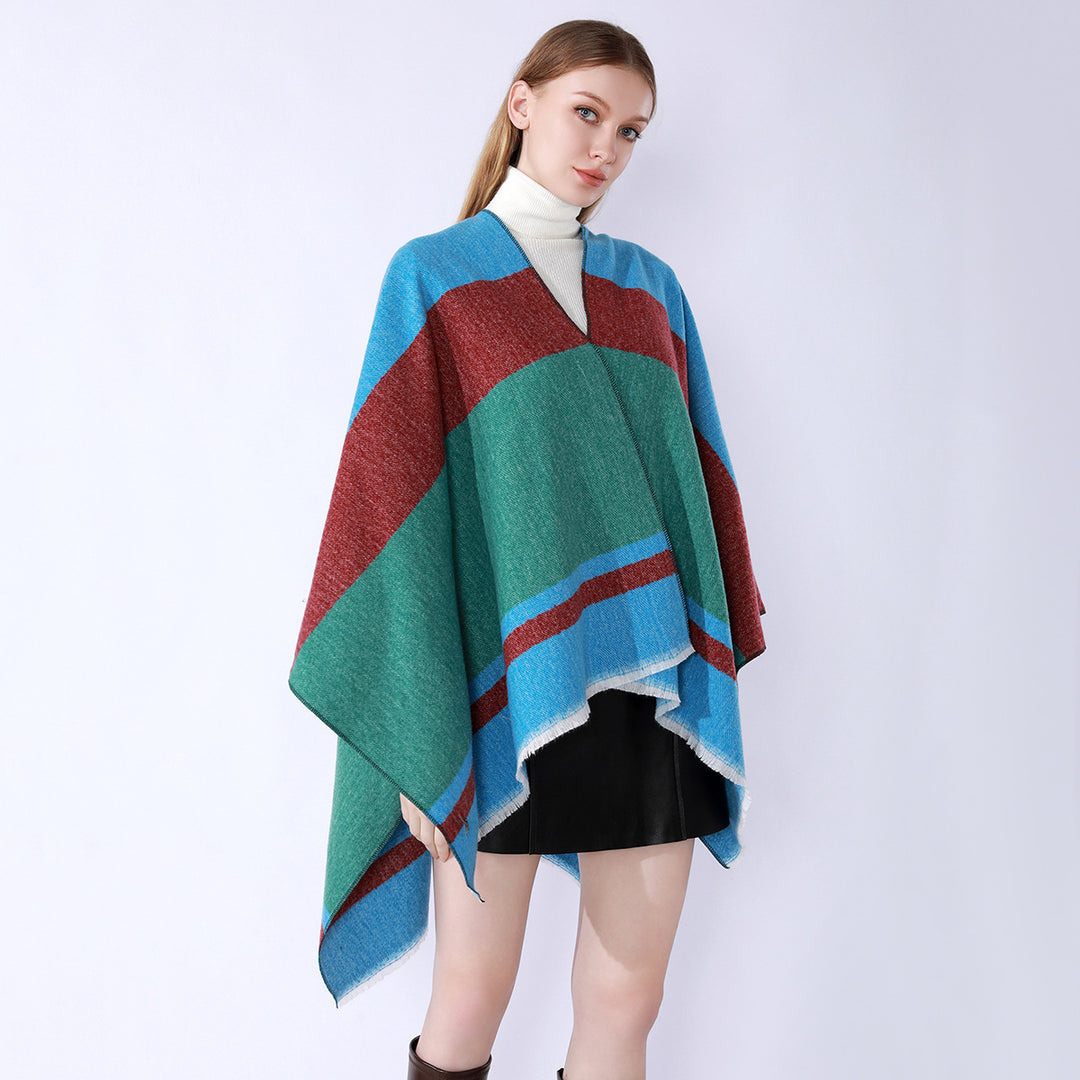 Damen Leichter Capeponcho aus Feinstrick mit geometrischem Blockstreifen-Design Drune