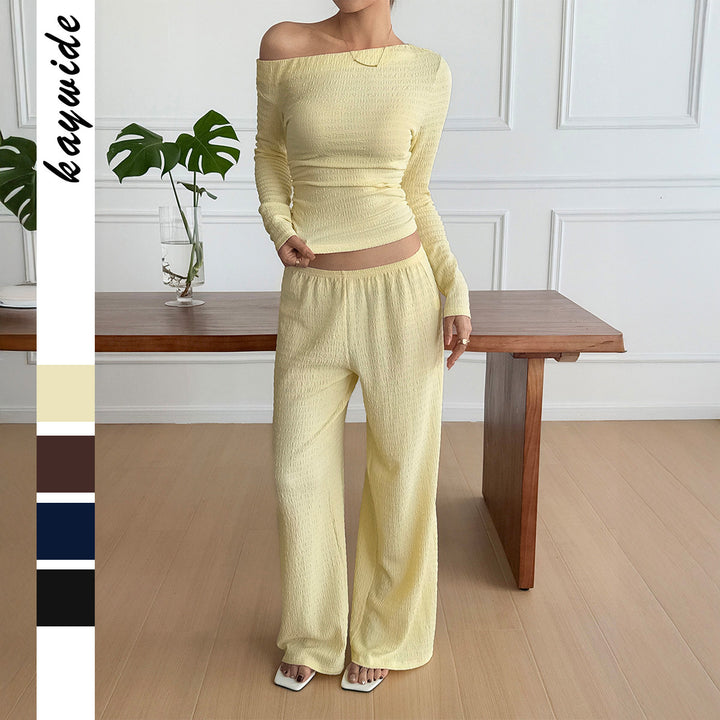 Damen nan legeres Crinkle-Lounge-Set mit Off-Shoulder Crop-Top und weiten High-Waist Palazzohose Drune