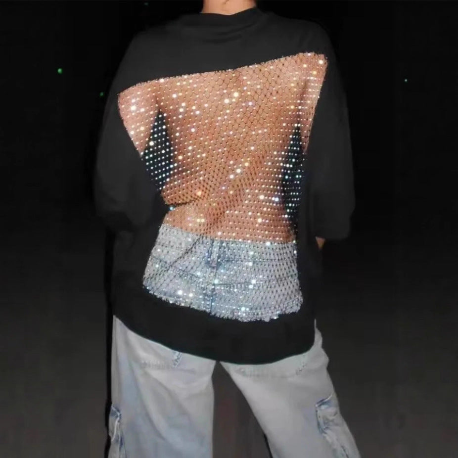 Damen nan Oversize-T-Shirt mit transparentem Netzrücken, Strassbesatz und Jeans-Print Drune