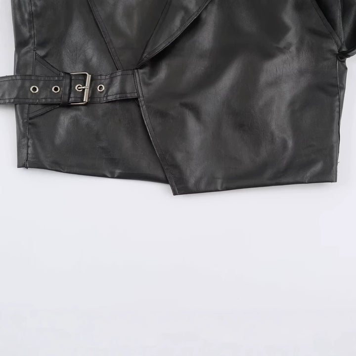 Damen Kurzer Kunstleder-Blouson mit übergroßem Schalkragen und Taillenriemen Drune