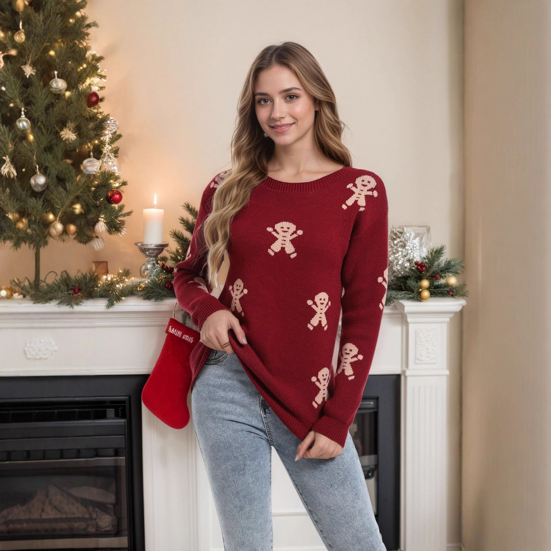 Damen Strickpullover mit festlichem Lebkuchenmotiv und weitem Schnitt Drune