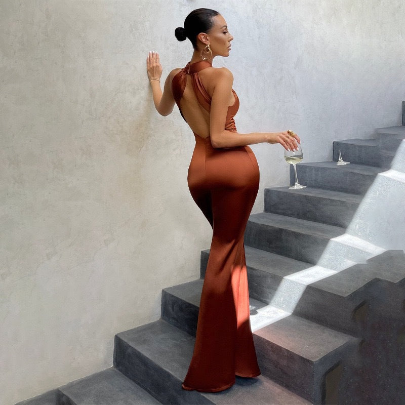 Damen glamouröses Maxikleid mit tiefem Rückenausschnitt und fließendem Schnitt Drune