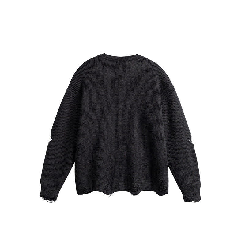 Unisex Oversize Strickpullover mit Destroyed Details und Statement Print Drune