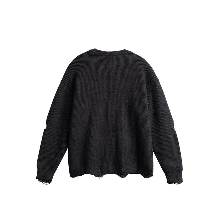 Unisex Oversize Strickpullover mit Destroyed Details und Statement Print Drune