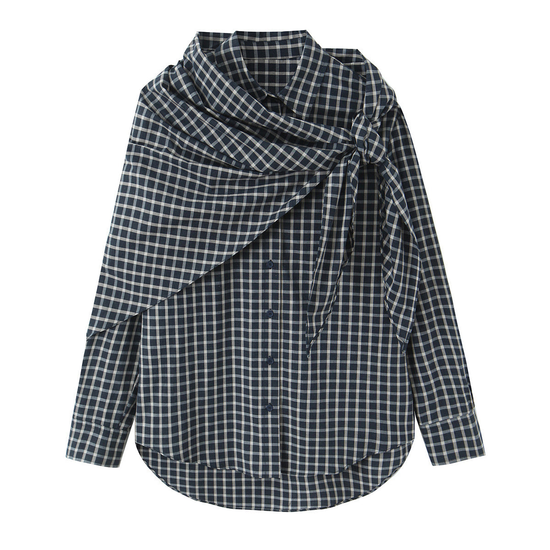 Damen Kariertes Hemdblusen-Shirt mit asymmetrischem Tuchdetail Drune