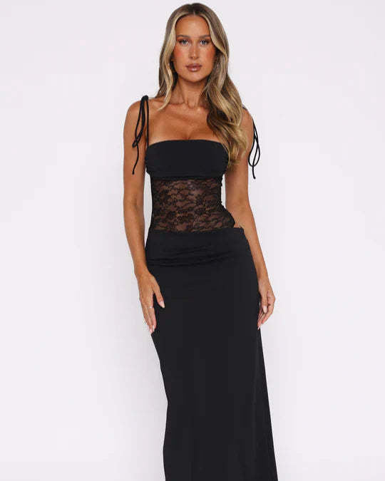 Damen nan elegantes Maxikleid mit transparentem Spitzenmieder Bandeau-Oberteil und Bindeträgern Drune
