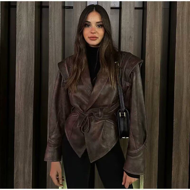 Damen nan taillierter Kunstleder-Blazer mit Schalkragen, Schnürdetails an der Schulter und Bindegürtel Drune