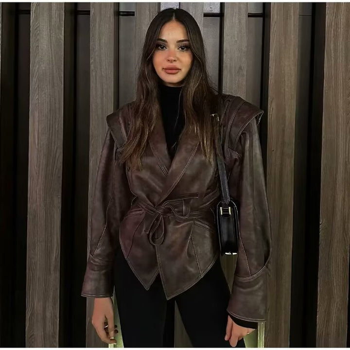Damen nan taillierter Kunstleder-Blazer mit Schalkragen, Schnürdetails an der Schulter und Bindegürtel Drune