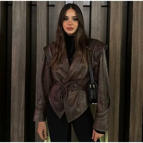 Damen nan taillierter Kunstleder-Blazer mit Schalkragen, Schnürdetails an der Schulter und Bindegürtel Drune