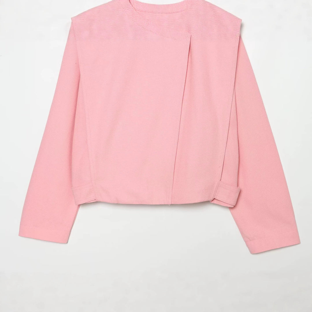 Damen kurze Boxy-Jacke mit Stehkragen und asymmetrischer Knopfleiste Drune